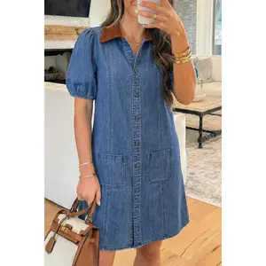 Blue Denim Short Puff Sleeve Color Block Shirt Collar Patchwork Mini Dress