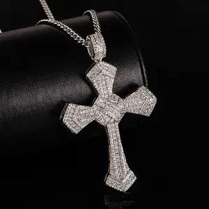 Hip-Hop Square Diamond Full Diamond Cross Necklace Street Dance Trendy Brand Micro-Set Zircon Personalized Men's and Women's Couple's Style Trendy Pendant
