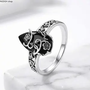 Vintage Floral Black Gemstone Ring, Silver Plated Ornate Vine Design, Romantic Gothic Jewelry, Great Gift for Her, Unique Accessory for Date Nights & Special Occasions