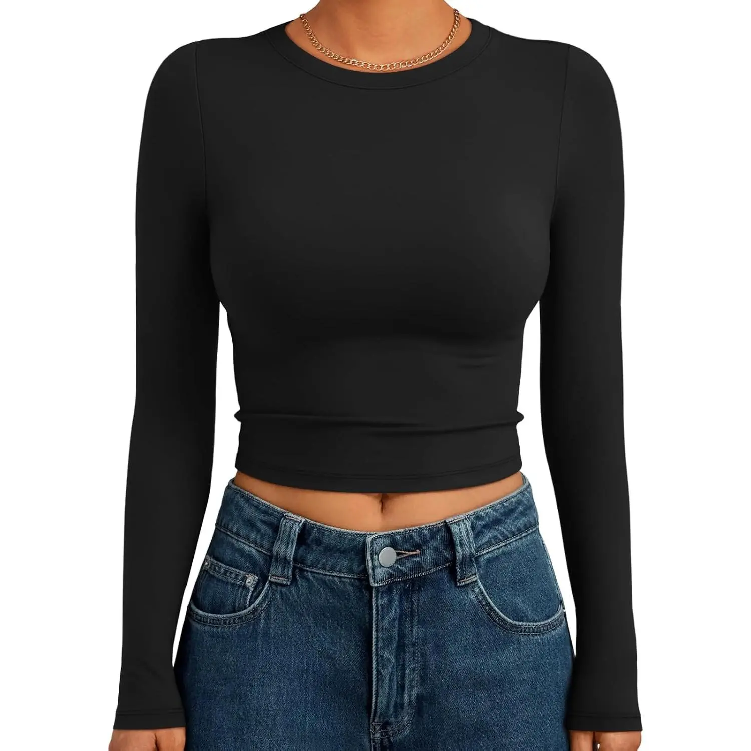 Women's Minimalist T-Shirt, Solid Polyester Long Sleeve Round Neck Basic Casual Flattering-Fit Crop Top, Tshirt, Mini Crop, All Seasons, Plain, Slim-Fitting, Longsleeves, Crop Top Tee