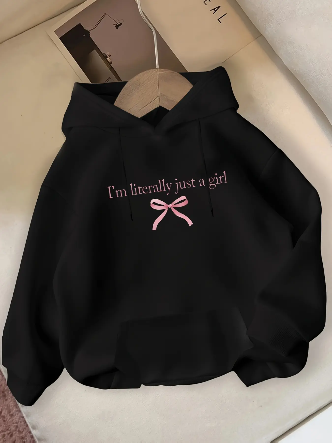 Cute Hoodie with 'i'm Just a Girl' Print & Bow, Loose, Long Sleeve, Y2K Casual Style, Comfortable & Fashionable, Perfect Fit for Tiktok Girls, Fall & Winter Wear, Sweatshirts, Womenswear
