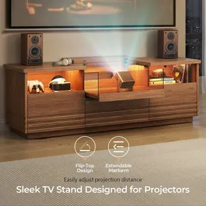 Sikaic Fluted TV Stand with Ultra-Short Throw Projector Platform, Entertainment Center with LED and Ample Storage, Mid-Century Modern Media Console for Living Room, Walnut Brown