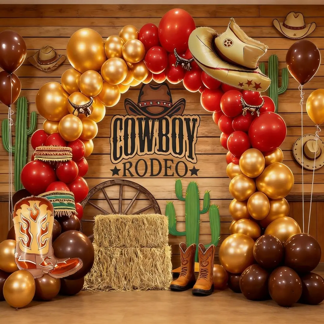 107pcs Cowboy Rodeo Balloon Garland Kit, Latex Balloons & Gold Western Party Decor, Perfect for Fiesta & Birthdays, Fun Western Theme Decoration