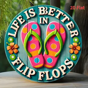 2D Flat Print Metal Logo Flip Flops Sign 8x8 Inch Summer Beach House Decor Perfect for Store Outdoor Interior Room Wall Decor Gift Idea