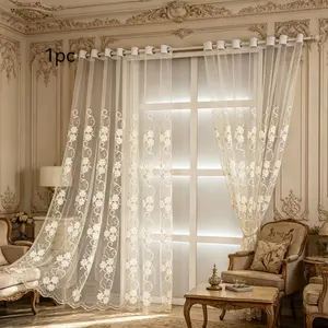 1 Panel Set, White Floral Embroidery, Luxury Vine Lace Hole Top Empty Curtain, Light Filtering Semi-Pure Window Curtain for Living Room and Bedroom,