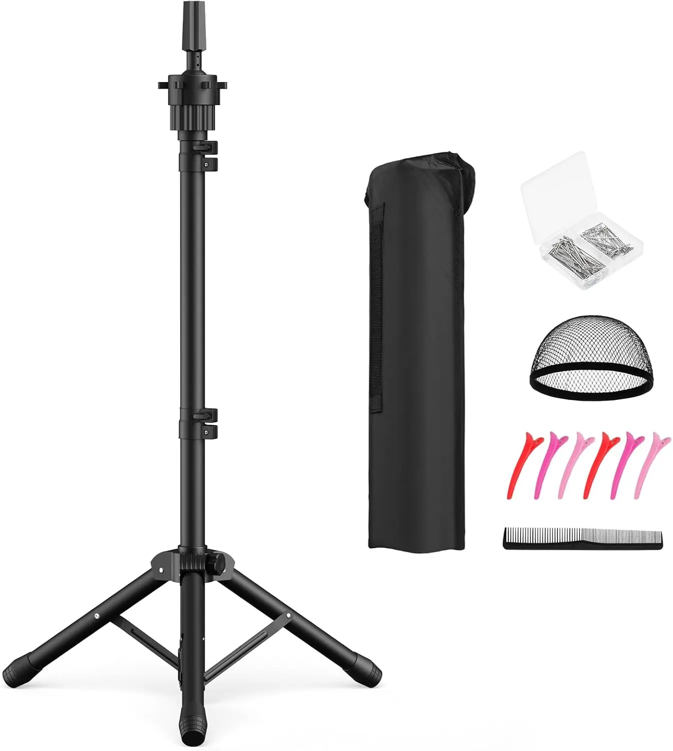 Wig  Stand 50 Inches, Height Adjustable Tripod Wig Stand, Salon Mannequin  Stand with Anti-Slip Base for Styling, Wig Display Barber , Beauty School (Black)