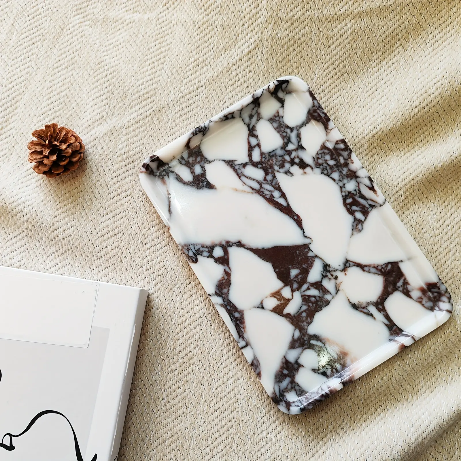 Marble Rectangle Stone Bathroom Tray - Bathroom Accessories Organizer, Classic Versatile Vanity Countertop Holder for Perfume, Makeup