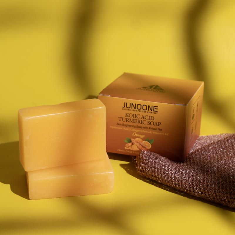 Junoone Kojic Acid Soap + African Net (2 Bars – Turmeric Formula) Dark Spot Remover & Scar Treatment – Enriched with Vitamin C, Hyaluronic Acid, Retinol & Shea Butter for Radiant, Even-Toned Skin (Citrus Scent)