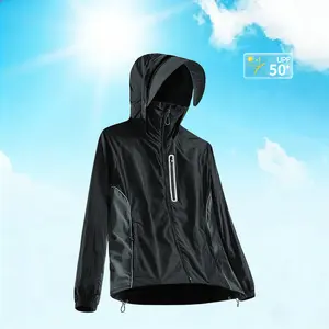 Men’s UPF 50+ Sun Protection Hooded Jacket — Full-zip UV-blocking windproof jacket with a detachable sun visor brim, lightweight and breathable, suitable for various outdoor activities