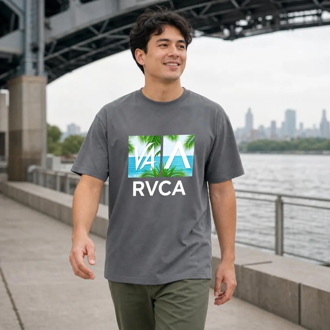 XTAUTO  Casual Streetwear Style, Unisex T-Shirt, Rvca Palm Tree Graphic Design, Summer Outdoor Urban Wear, Gift For Friends And Family