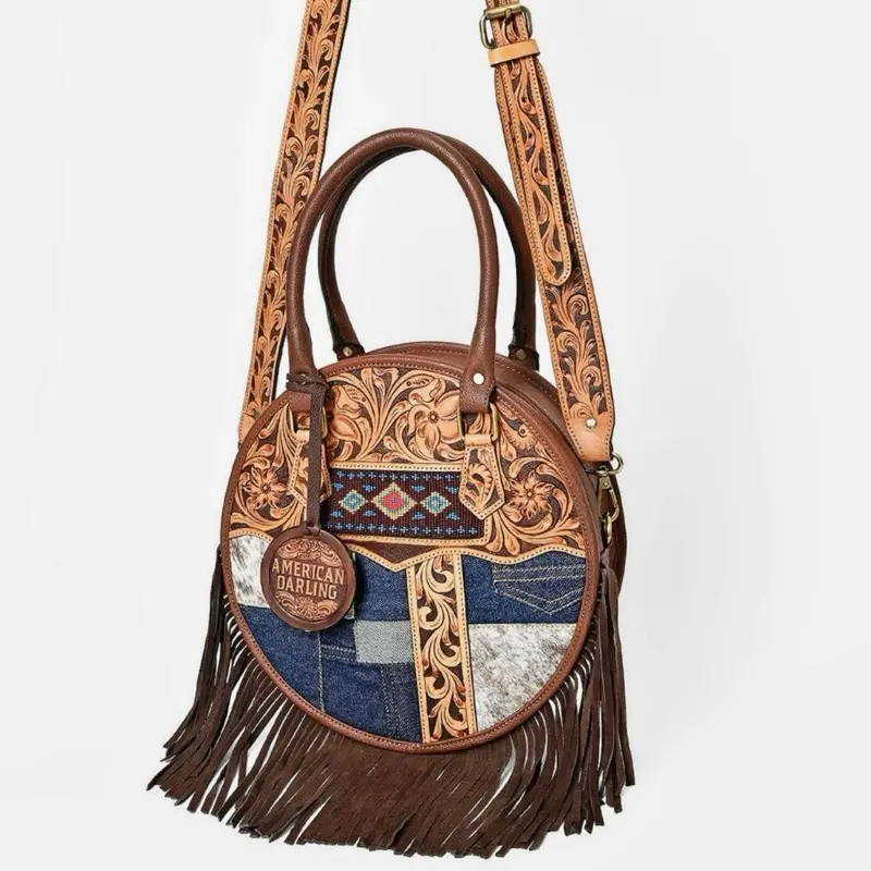 American Darling Women's Plus-Size Leather and Denim Blend Canteen-Style Tote Bag - High-Capacity, Multi-Function, Casual Everyday Bag, Bags For Everyday