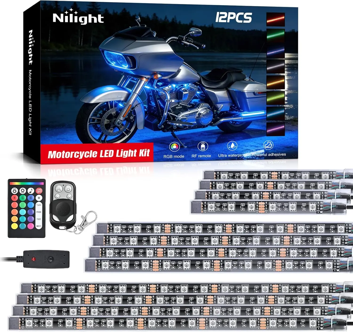 Nilight TL-35 12PCS Waterproof RGB Motorcycle LED Lights Kit - Dual RF Wireless Remote Controllers, Undercar Work Light Neon Spots & Bars, Fit for Harley Davidson, 2-Year Warranty