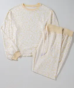 White Cheetah Print Two Piece Loose Fit Cozy Loungewear