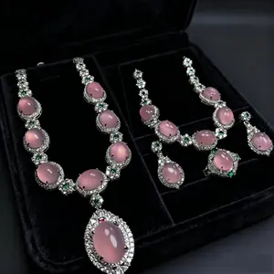 Pink Chalcedony Collectible Stone Jewelry Set Ice-Type Pink Agate Necklace Bracelet Ring 3-Piece Luxury Diamond-Encrusted Gem Accessories High-End Gift & Collectible Ornaments