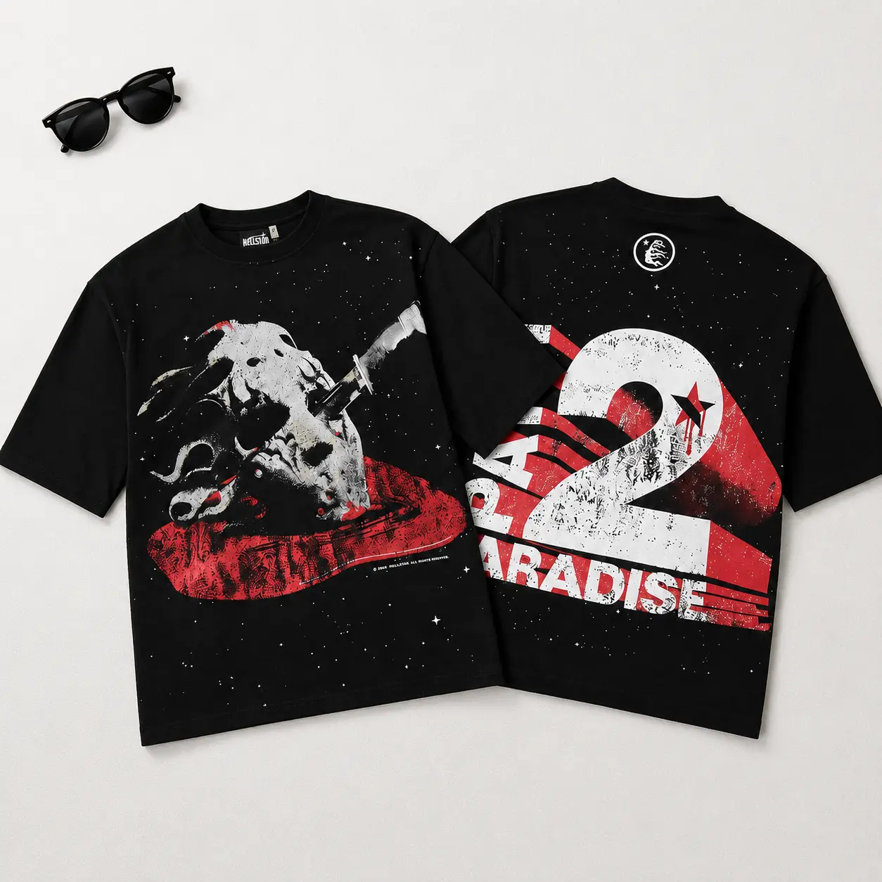Hell star Skull Graphic T-Shirt, TikTok Viral Y2K Oversized Streetwear Tee, Black Gothic Grunge Hip Hop Harajuku Short Sleeve Top, Unisex Summer Casual Party Festival Outfit for Men Women