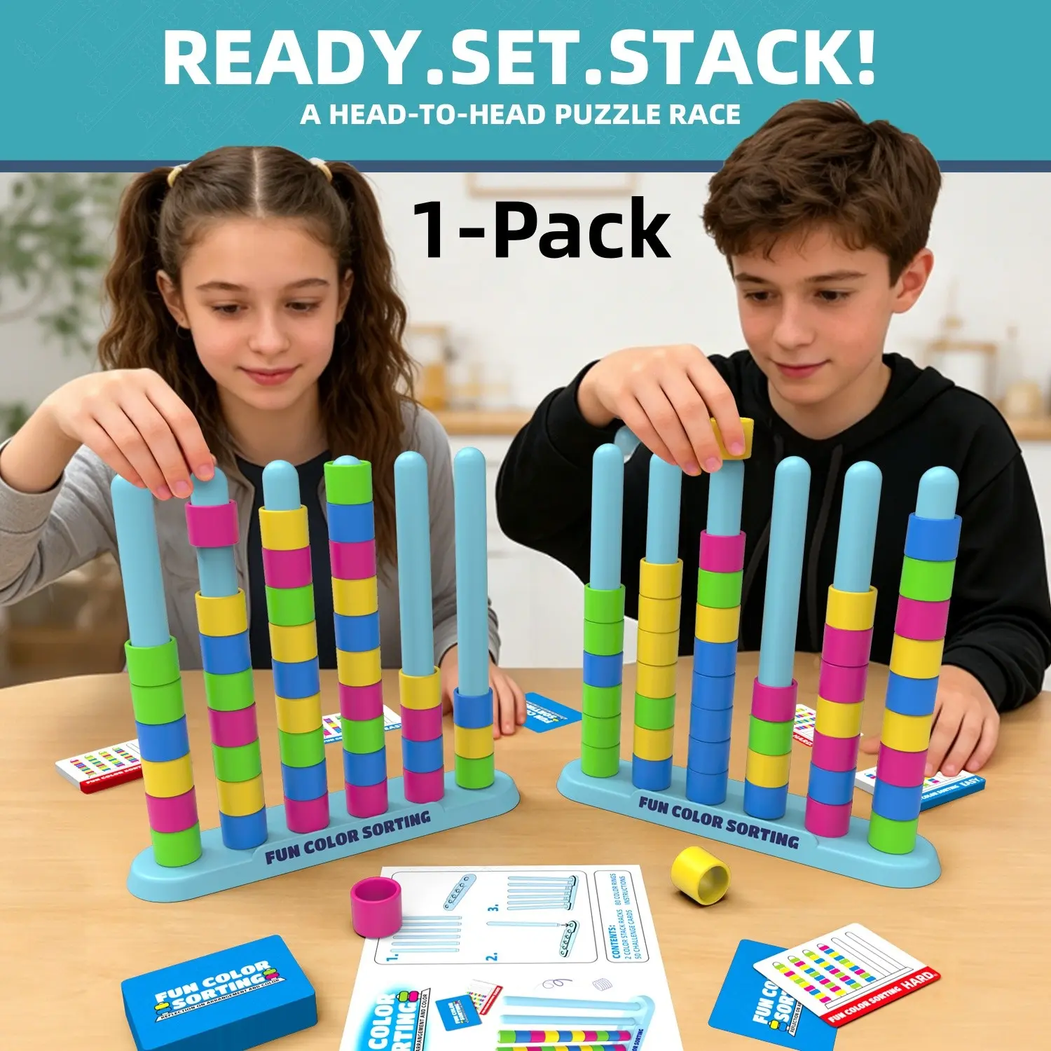 Stacking Game Challenge - A fast color stacking challenge puzzle game Stacking Tower Game suitable for joyful gatherings, children's and family game nights. Includes 1 stacking rack, 50 challenge cards, 40 rings and instructions, fun educational toys