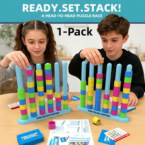Stacking Game Challenge - A fast color stacking challenge puzzle game suitable for joyful gatherings, children's and family game nights. Includes 1 stacking rack, 50 challenge cards, 40 rings and instructions, fun educational toys