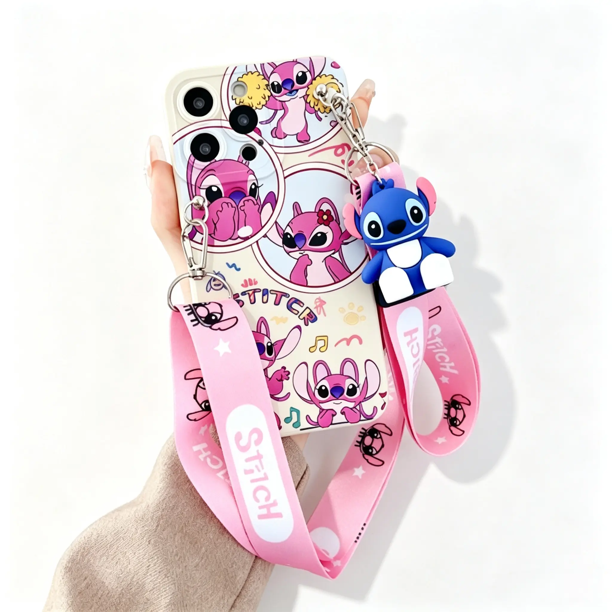 Disney Stitch & Angel Phone Case With Lanyard, Playful Cartoon Phone Cover For On‑The‑Go Activities & Everyday Device Styling