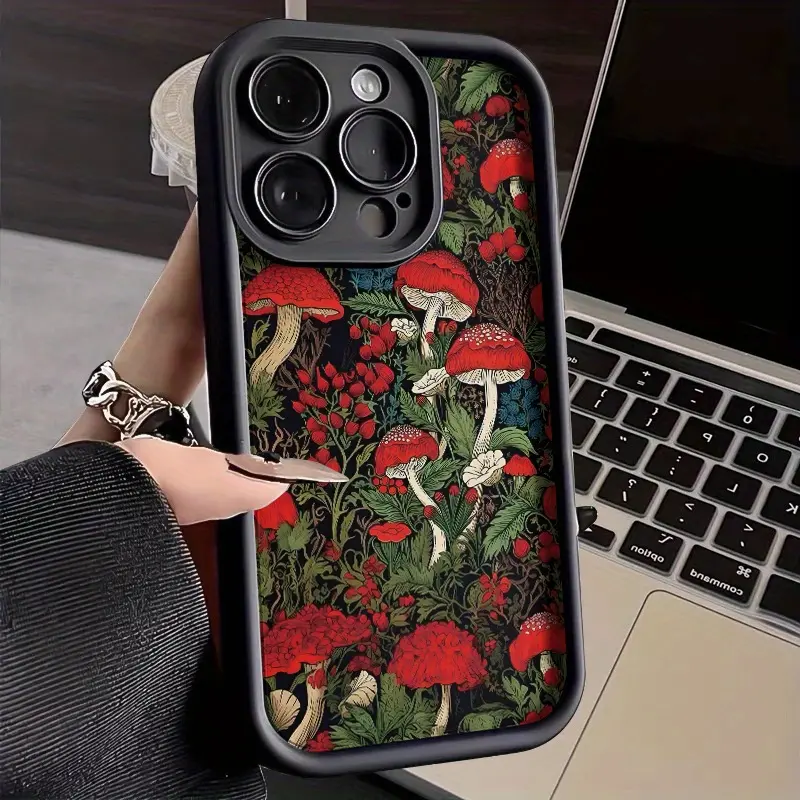 High-End Fashion Patterned Soft Silicone TPU Smartphone Cover - 2D Forest Mushroom Print, Waterproof, Shockproof, Straight Edge, Rugged, Durable Protection Casing for iPhone 17 Pro Max,16,16e,15,14 Plus,13,12 Mini,11,Air,X,XS Mobile Phone Accessories Gift