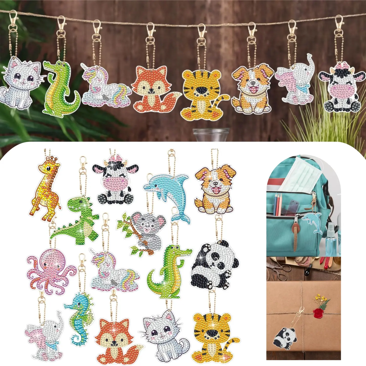 15-Pcs Handmade Animal Theme Diamond Painting Keychain Kits, DIY 5D Full Drill Vibrant Round Pendants, Easy Assembly Acrylic Charms for Backpack-Shoulder Bag Accessories, Power Tool Accessories (Tools & Hardware), Gift Ideas, 7 Cm