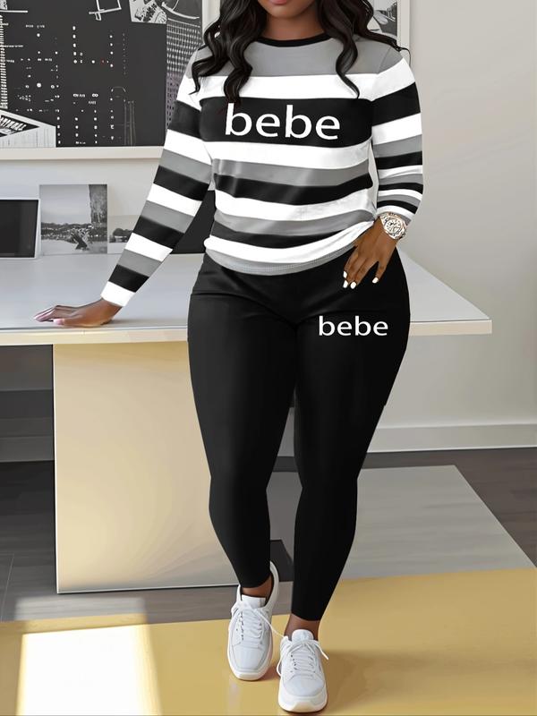 Women's Striped 'Bebe' Letter Print Round Neck Long Sleeve Top and Pants Set, Comfortable Casual Two-Piece Striped Lounge Set, Casual Fashion Set for Autumn and Winter