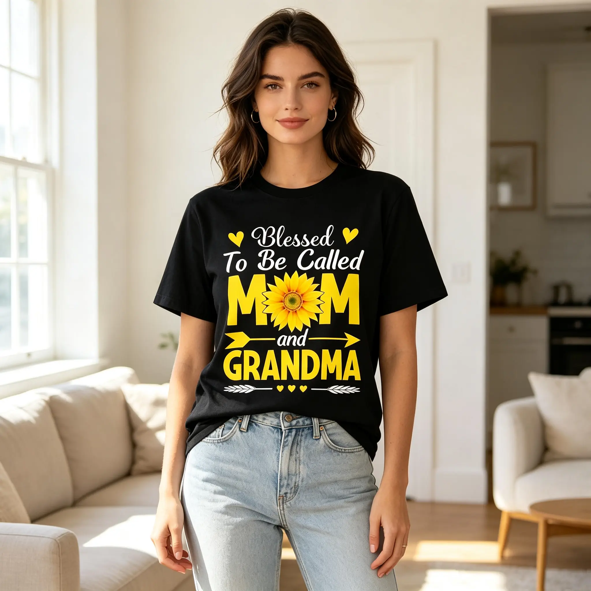 Blessed To Be Called Mom And Grandma Sunflower Heart Graphic Short Sleeve Top, Cute Mother’s Day Family Slogan Tee, Women Casual Celebration Outfit