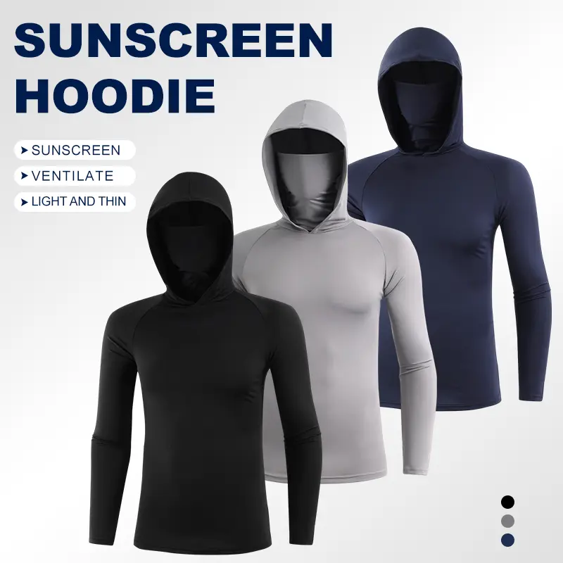 Men's 3-Pack UV-Protective Sun Hoodie with Face Mask - Fitted, Breathable, Quick-Dry, Stretchable Long-Sleeve Athletic Top, Normal Type, Universal All-Season Activewear, Athletic Style, Mesh Fabric Hood+Mask Sunshade for Hiking, Running