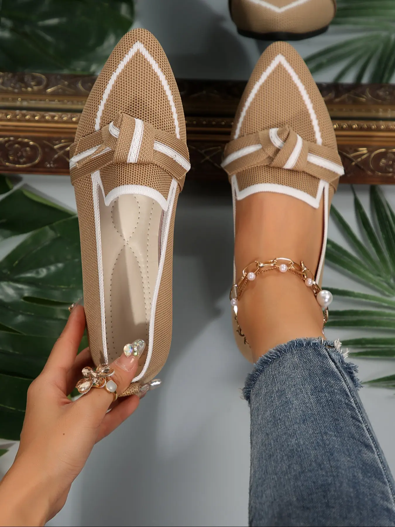 Women's Netted Ballet Flats, Round Toe Mary Jane Shoes with Adjustable Strap, Comfortable Knit Slip-On Sneakers, Slip Ins Shoes, Daily Wear