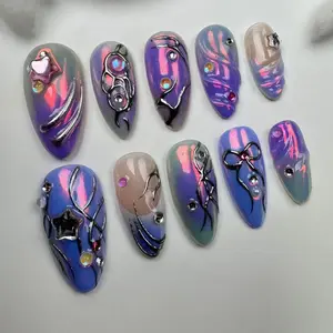 Hand Drawn Press On Nails, Y2K Almond Long Nails