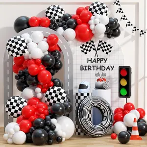 132Pcs Race Car Balloon Garland Kit with Checkered Tires Red Black White Arch for Birthday Decor