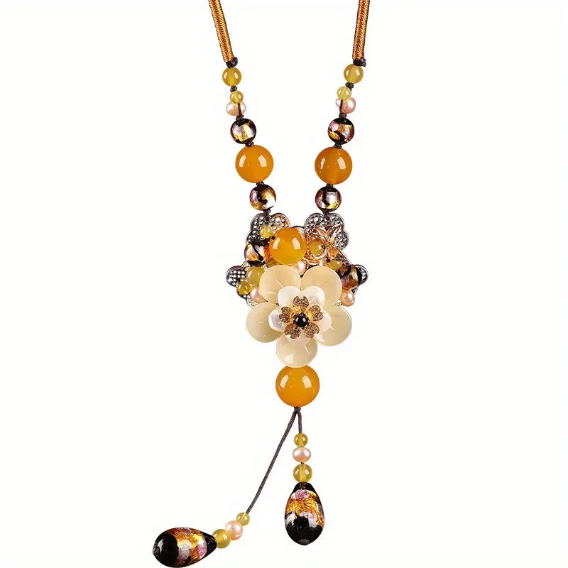 Vintage Floral Pendant Necklace - 92cm Glass Chain Jewelry Necklaces, Yellow Flower Petals, Gold Accents, Unisex Daily Casual Wear, Valentine's Day Gift