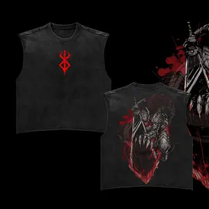 Retro Vintage Limited Black Swordsman Guts - Berserk Anime Double Printed Oversized Acid Washed Lightweight Cotton Gym Tank Top, Gift for Anime & Gym Fans