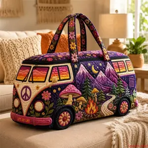 Boho Quilted Van Shaped Travel Duffle Bag With Hippie Mountain Mushroom Floral Print,Large Capacity Weekender Carry On Tote,Multi-functional Overnight Bag For Gym Camping Road Trips And Weekend Getaways