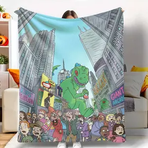 Dinosaur City Chaos Flannel Blanket， Cartoon Monster Rampage Print Pattern， Ultra Soft Warm Cozy Lightweight Decorative Throw， Perfect for Bedroom Living Room Sofa Office Travel Gift Decor