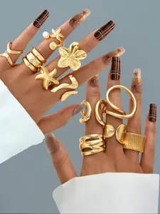 11-Piece Fashion Marine themed jewelry Ocean Life Starfish Flower Geometric Irregular Stackable Rings Set for Women, Daily Wear Birthday Date Accessory Perfect Gift