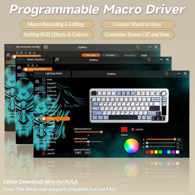 AULA S75 Pro 75% Wireless Mechanical Gaming Keyboard Tri-Mode Connection(Bluetooth/2.4G/Wired) Hot-Swappable Custom LCD Screen & Multifunction Knob RGB Backlight Long Battery Life (Cream Latte) PC Gaming Accessories Computer Creamy keyboards