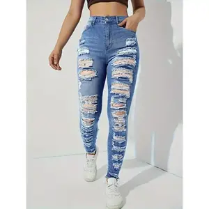 Women'S High-Waist Stretch Denim Jeans with Ripped Details - Effect, Light Blue, Street Style, Long Length for Spring/Fall, Seasonal Fashion |   Streetwear Jeans |   Fashionable Ripped Jeans Clothes Womenswear