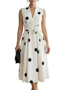 Women's Large Polka Dot V-Neck Digital Print Dress, Waist Tie Bowknot Party Gown, Elegant Long Dress for Gatherings