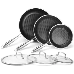 TIBBICC 8/10/12 Inch Non Stick Frying Pan with Lid, Hybrid Nonstick Stainless Steel Skillet Pan with Stay-cooling Handle, PFOA Free Non Toxic Dishwash & Oven Safe Kithchen Cookware Set Compatible All Cooktops, Stainless Steel Pans, Cooking Pans Set