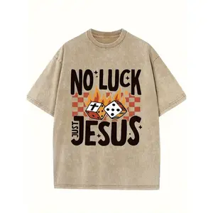 Men's 230g Heavyweight Cotton T-Shirt - No Luck Only Jesus Retro Graphic Print, Streetwear Casual Short Sleeve Tee with Checkered Dice & Flames Design, All-Season Round Neck Top for Outdoor Activities, Everyday Comfort, Washed Vintage Look