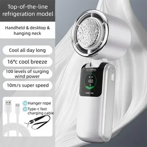10m/s High Speed Portable Cooling Fan, USB Digital Screen 100 Adjustable Wind Speeds, 16°C Icy Cold Air Fan with Ice Compress Cooling, Foldable 3-Way Use Neck Handheld Desk Fan, Free Lanyard & Fast Charging Cord
