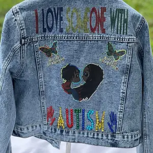 Autism Awareness Denim Jacket with Colorful Butterfly Design and "I Love Someone with Autism" Text
