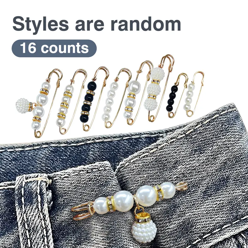 Women's 16-Count Modern Synthetic Pearl Brooch Jewellery Set - Alloy Base Durable Metal Pins, Adjustable Casual Hat Pins, Non-Burrs, Easy Attach-Remove, Secure Clothing Decoration, Pants Waist Tightener (Multi-Use, Multiple Styles)