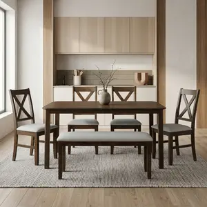 Favorer Vinita 6-Piece Dining Set with Rectangular Table, Cross Back Chairs, and Bench