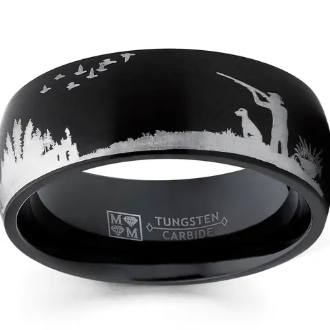 Men's 8mm Fitted Black Hypoallergenic Tungsten Carbide Metal Wedding Band - Dome Brushed Laser Etched Animal Theme Jewelry Ring, Invisible Outdoor Duck Hunting Accessory, Ideal Gift for Adults