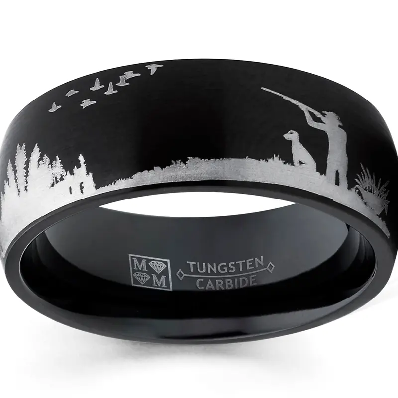 Men's 8mm Fitted Black Hypoallergenic Tungsten Carbide Metal Wedding Band - Dome Brushed Laser Etched Animal Theme Jewelry Ring, Invisible Outdoor Duck Hunting Accessory, Ideal Gift for Adults