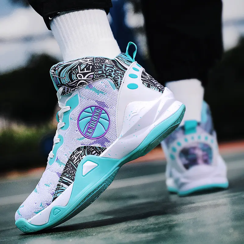 White Leather Basketball Sneaker with Purple & Teal Accent Amazon.com | BALCUREY Basketball Shoes for Women and Men  main image 3