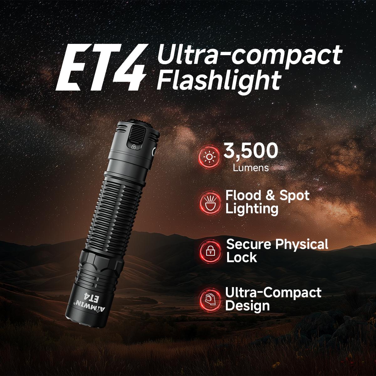 AIMWIN ET4 3500 Lumen EDC Flashlight, USB-C Rechargeable, Compact, High Lumen with Clip, Lanyyard, Sliding Lock Switch Sticker