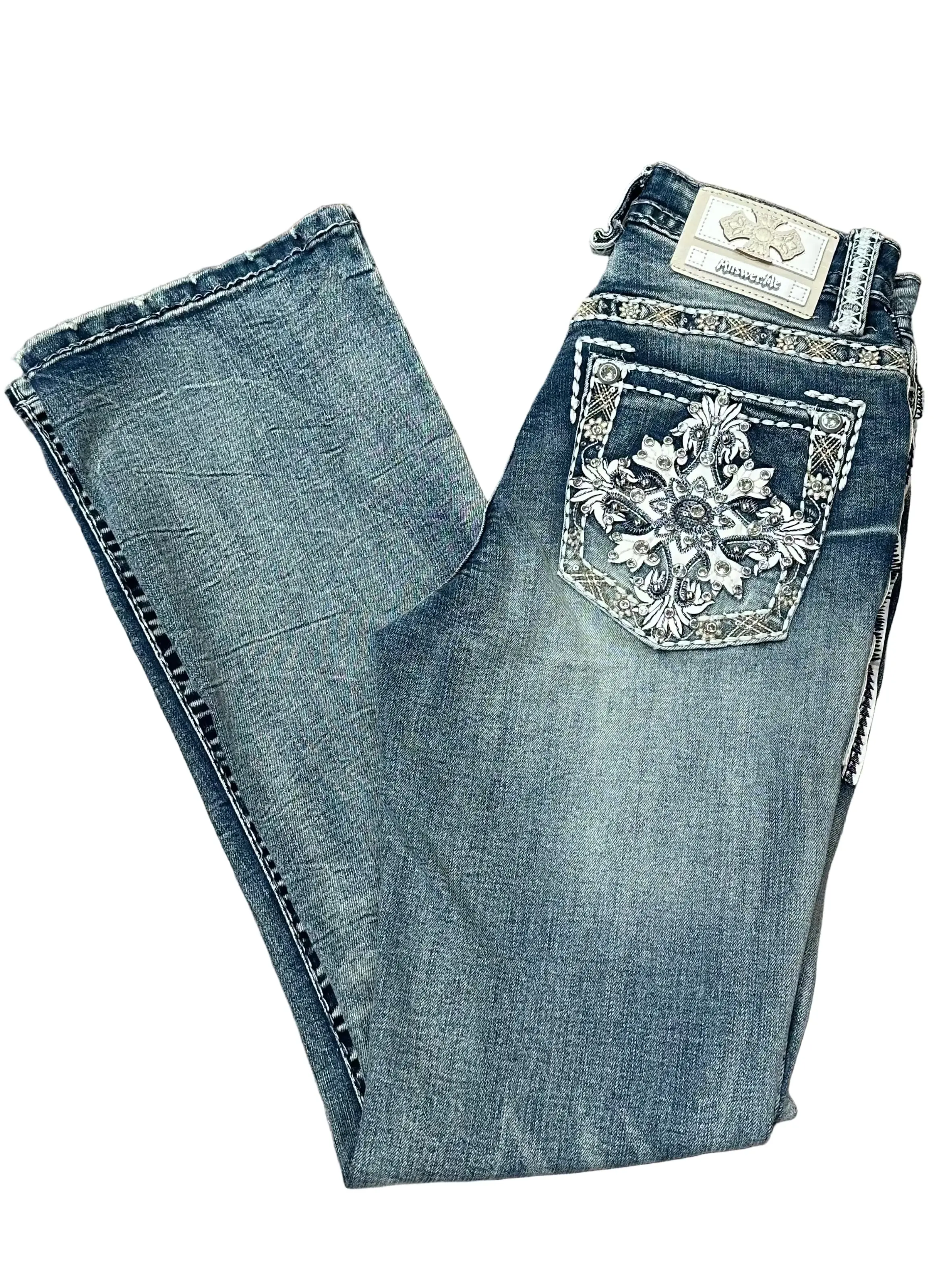 Women's Rhinestone Mid-rise Boot Cut Jeans - Answer Me (Length 30")