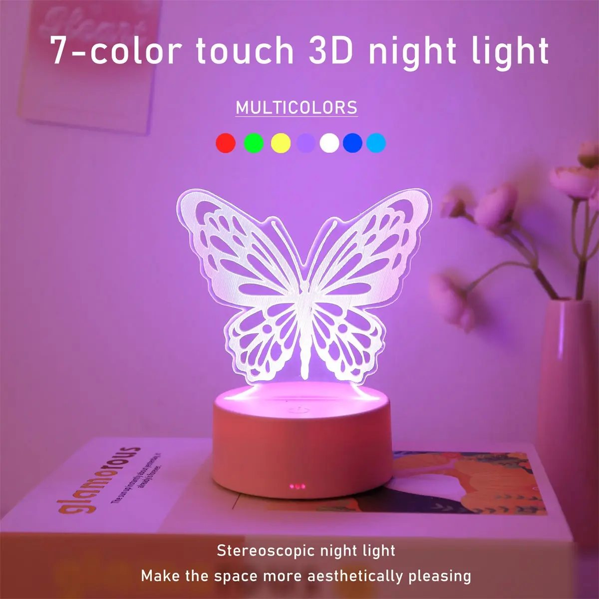 Butterfly 3D Night Light Birthday Gift, 7 Color Automatic Change Table Lamp with Touch Switch, USB Line, Perfect for Women Teens Girls, Decorative Atmosphere Lamp, Butterfly LED Lights